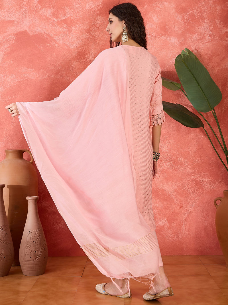 Floral Embroidered V-Neck Pure Cotton Straight Kurta With Trousers with Dupatta