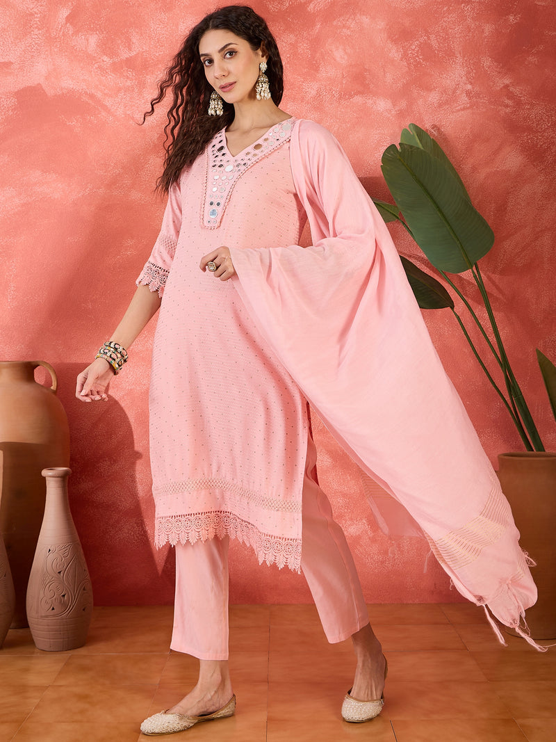 Floral Embroidered V-Neck Pure Cotton Straight Kurta With Trousers with Dupatta
