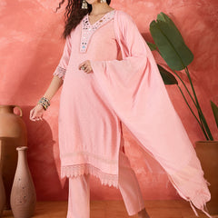 Floral Embroidered V-Neck Pure Cotton Straight Kurta With Trousers with Dupatta