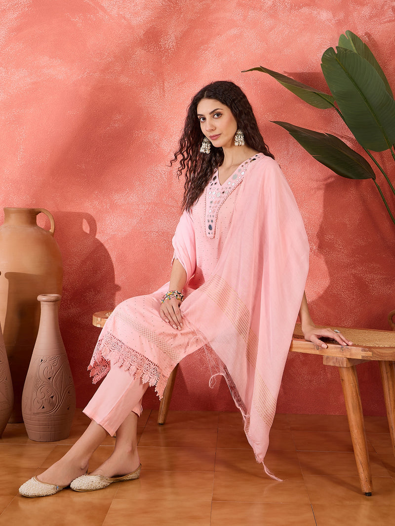 Floral Embroidered V-Neck Pure Cotton Straight Kurta With Trousers with Dupatta