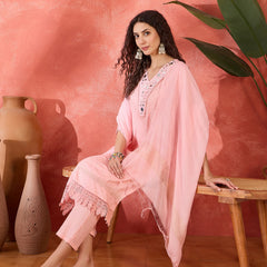 Floral Embroidered V-Neck Pure Cotton Straight Kurta With Trousers with Dupatta
