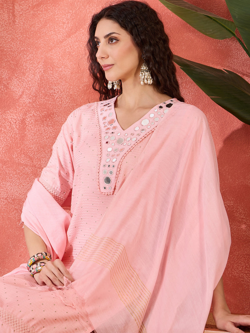 Floral Embroidered V-Neck Pure Cotton Straight Kurta With Trousers with Dupatta