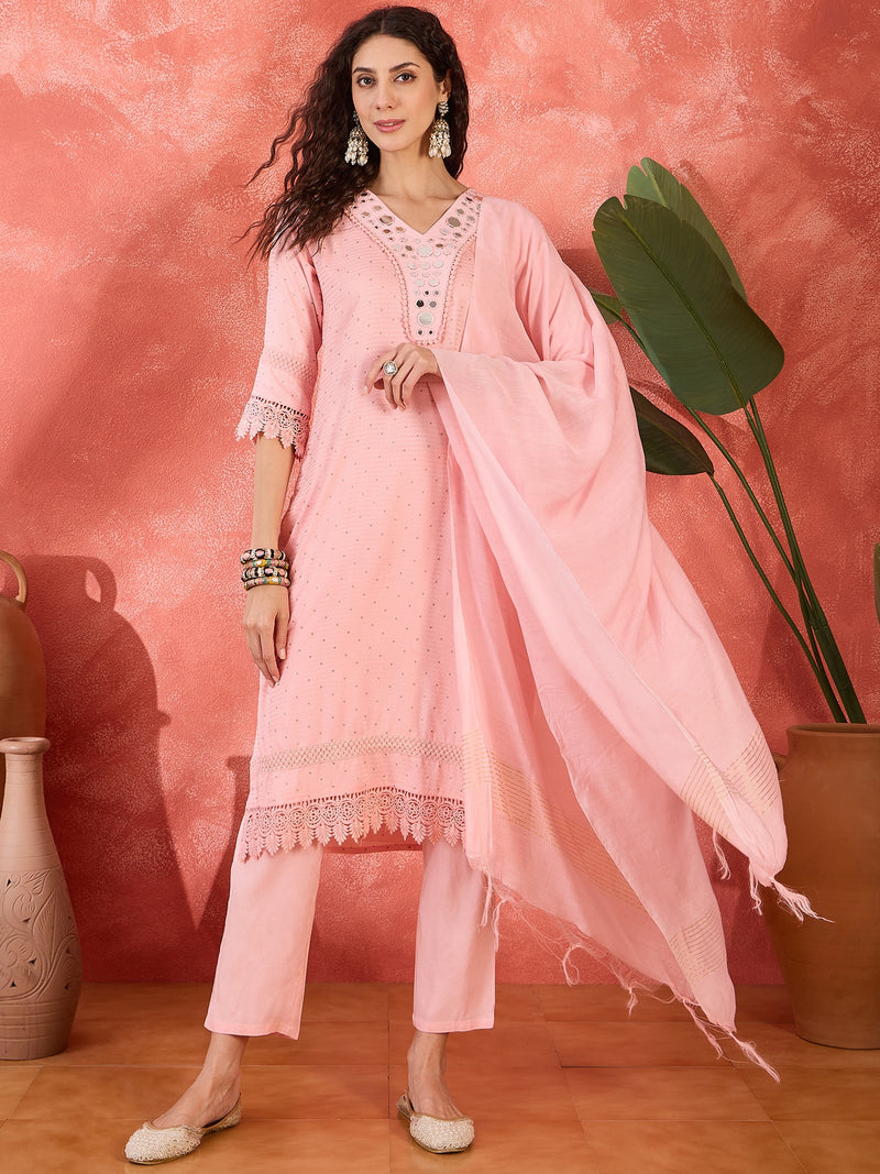 Floral Embroidered V-Neck Pure Cotton Straight Kurta With Trousers with Dupatta