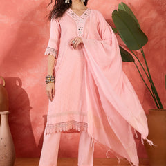 Floral Embroidered V-Neck Pure Cotton Straight Kurta With Trousers with Dupatta