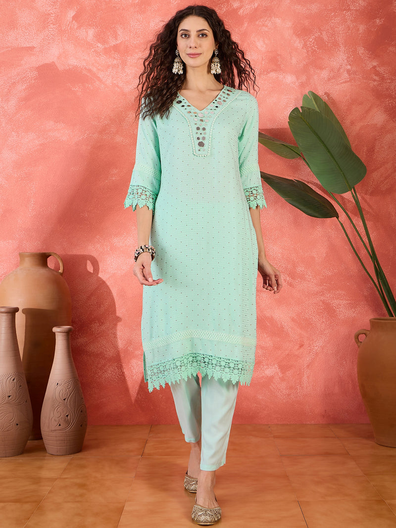 Floral Embroidered V-Neck Pure Cotton Straight Kurta With Trousers with Dupatta