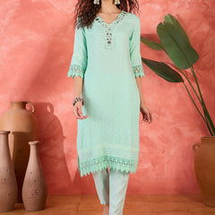 Floral Embroidered V-Neck Pure Cotton Straight Kurta With Trousers with Dupatta