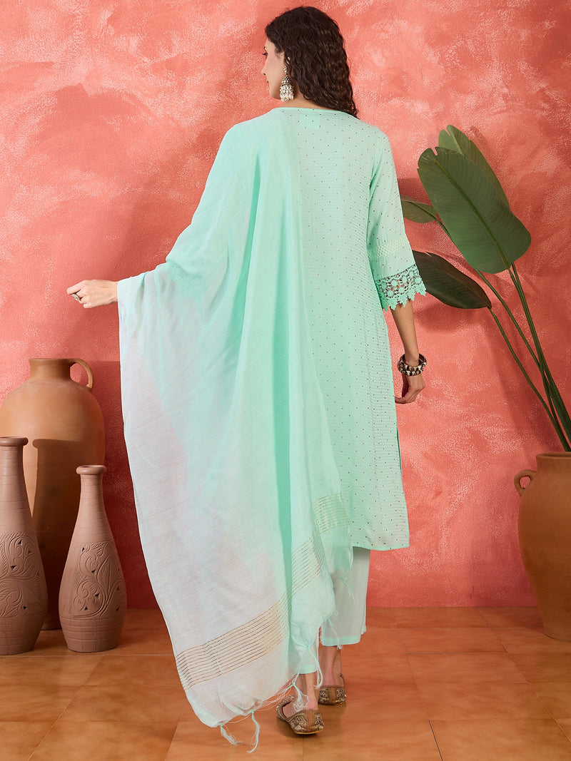 Floral Embroidered V-Neck Pure Cotton Straight Kurta With Trousers with Dupatta