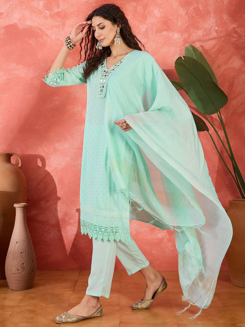 Floral Embroidered V-Neck Pure Cotton Straight Kurta With Trousers with Dupatta