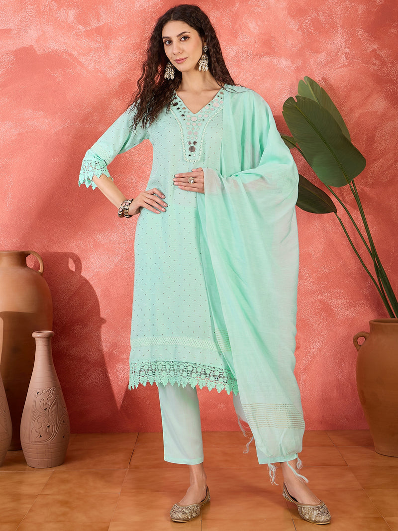 Floral Embroidered V-Neck Pure Cotton Straight Kurta With Trousers with Dupatta