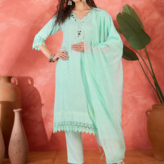 Floral Embroidered V-Neck Pure Cotton Straight Kurta With Trousers with Dupatta