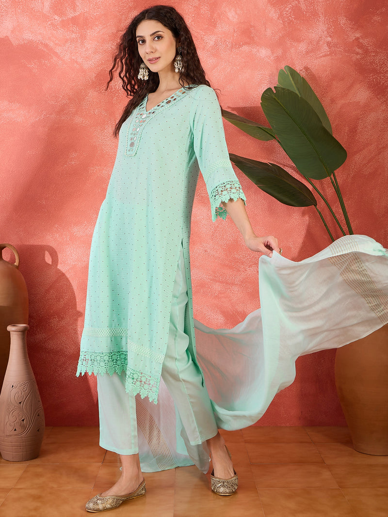 Floral Embroidered V-Neck Pure Cotton Straight Kurta With Trousers with Dupatta