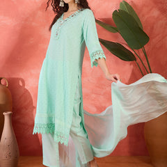 Floral Embroidered V-Neck Pure Cotton Straight Kurta With Trousers with Dupatta