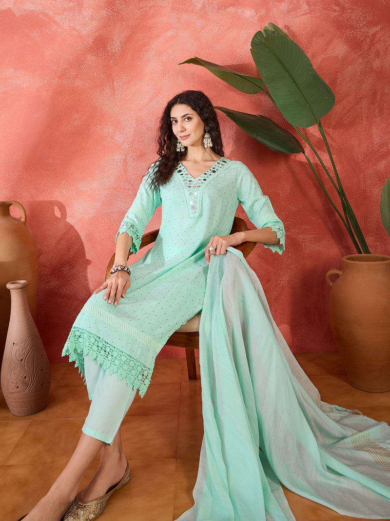 Floral Embroidered V-Neck Pure Cotton Straight Kurta With Trousers with Dupatta