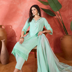 Floral Embroidered V-Neck Pure Cotton Straight Kurta With Trousers with Dupatta
