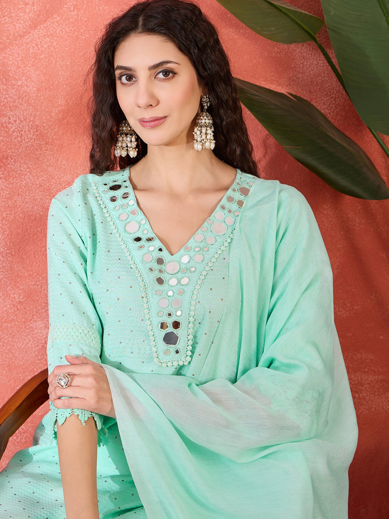 Floral Embroidered V-Neck Pure Cotton Straight Kurta With Trousers with Dupatta