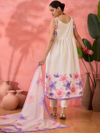 Embroidered Shoulder Straps Anarkali Kurta With Trousers & Dupatta