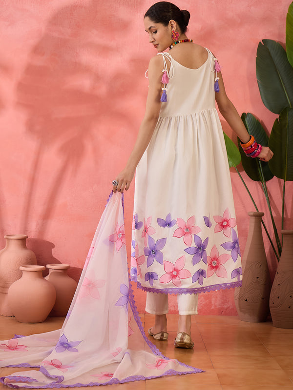 Embroidered Shoulder Straps Anarkali Kurta With Trousers & Dupatta