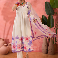 Embroidered Shoulder Straps Anarkali Kurta With Trousers & Dupatta