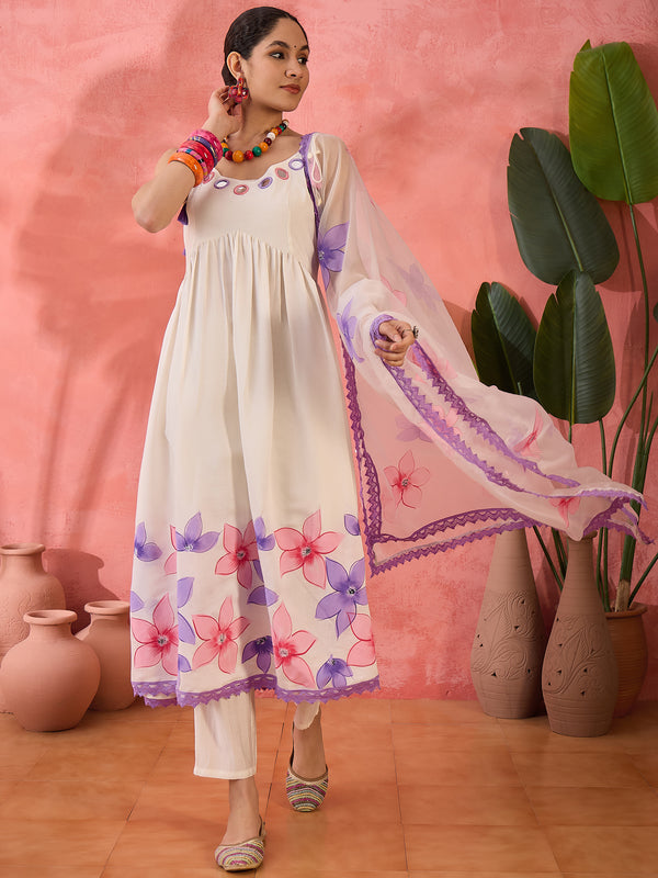 Embroidered Shoulder Straps Anarkali Kurta With Trousers & Dupatta