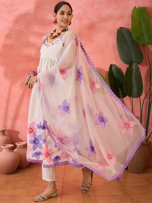 Embroidered Shoulder Straps Anarkali Kurta With Trousers & Dupatta