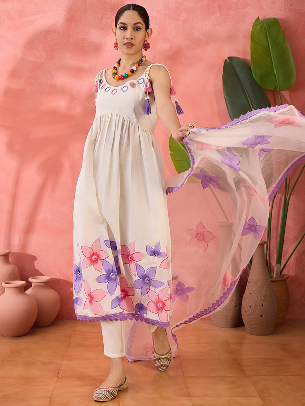 Embroidered Shoulder Straps Anarkali Kurta With Trousers & Dupatta