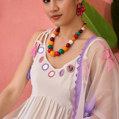 Embroidered Shoulder Straps Anarkali Kurta With Trousers & Dupatta