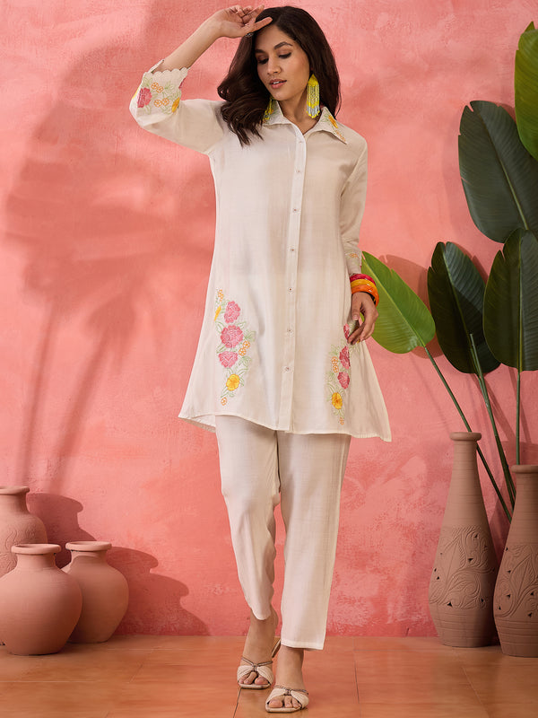 Embroidered Shirt Collar Roman Silk Tunic With Trouser Co-Ords