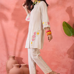 Embroidered Shirt Collar Roman Silk Tunic With Trouser Co-Ords
