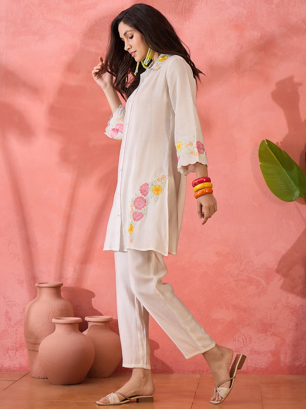 Embroidered Shirt Collar Roman Silk Tunic With Trouser Co-Ords