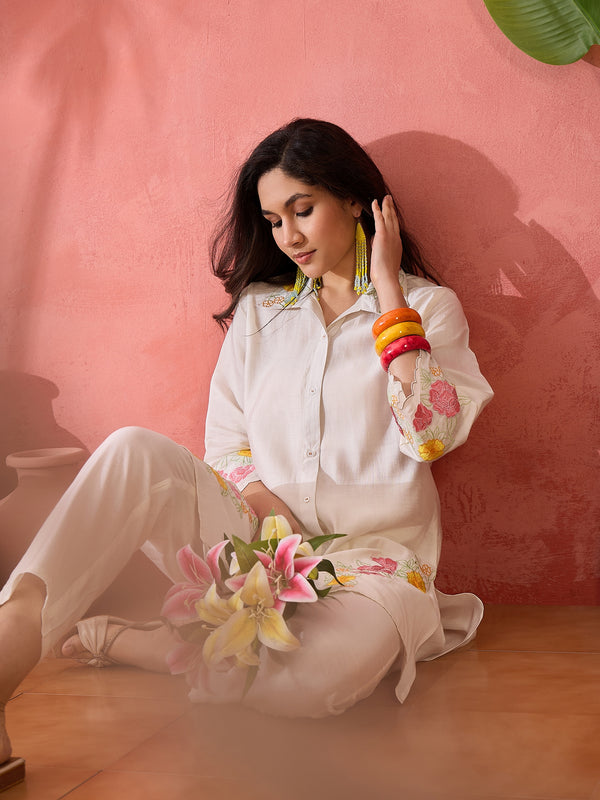 Embroidered Shirt Collar Roman Silk Tunic With Trouser Co-Ords