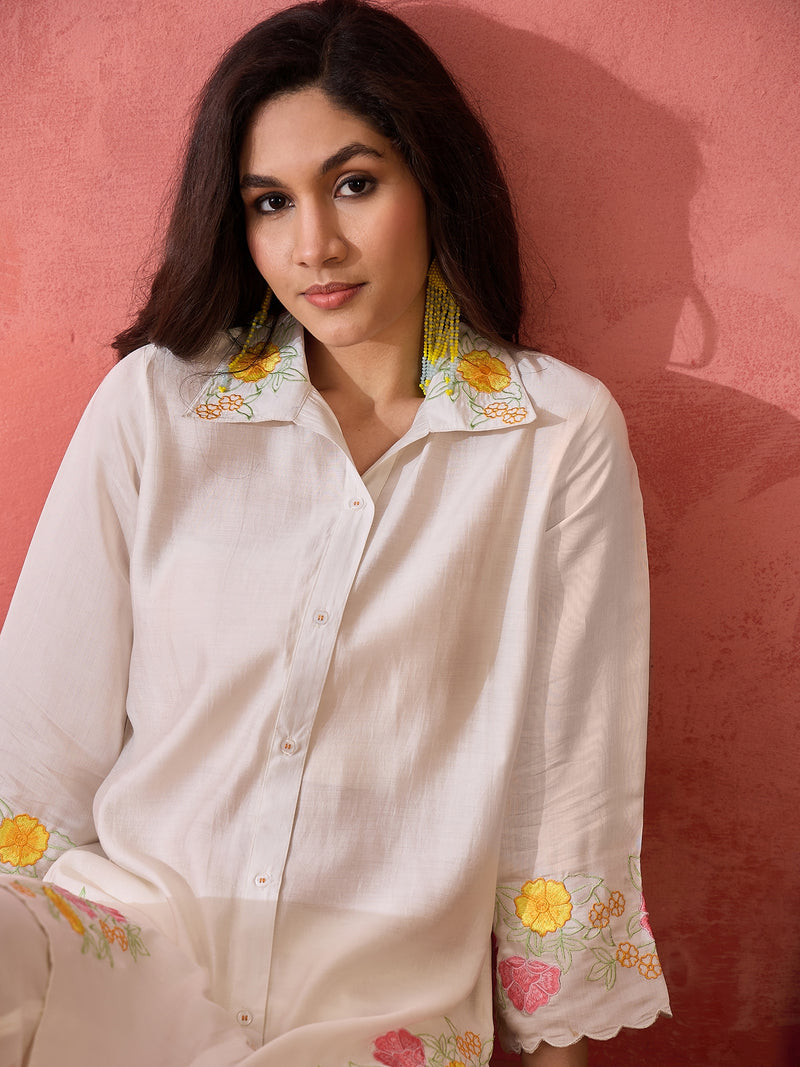 Embroidered Shirt Collar Roman Silk Tunic With Trouser Co-Ords