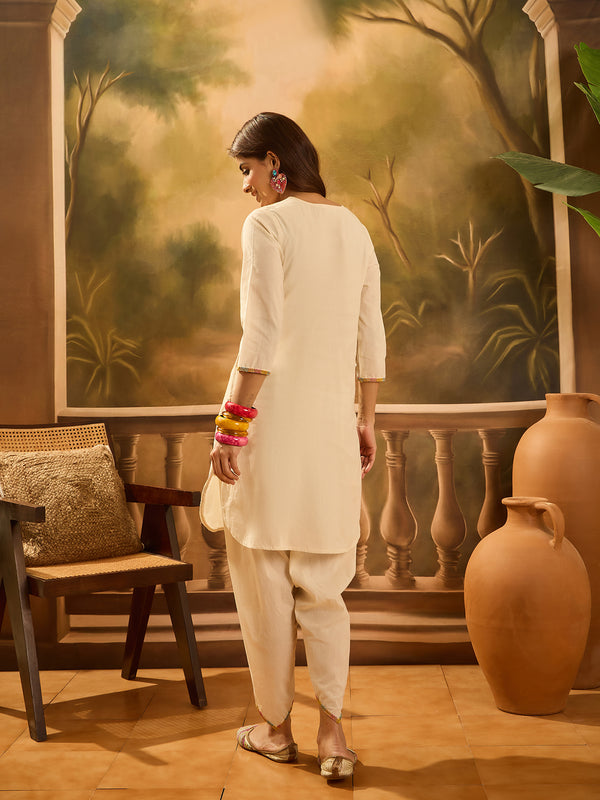 Embroidered V-Neck Pure Cotton Tunic With Dhoti Pant Co-Ords