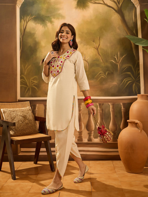 Embroidered V-Neck Pure Cotton Tunic With Dhoti Pant Co-Ords