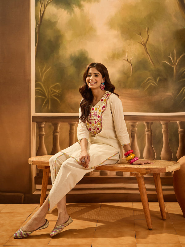 Embroidered V-Neck Pure Cotton Tunic With Dhoti Pant Co-Ords