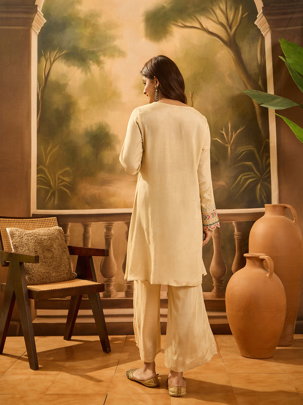 Embroidered Straight Kurta With Trouser & Bag