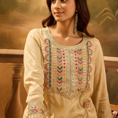 Embroidered Straight Kurta With Trouser & Bag
