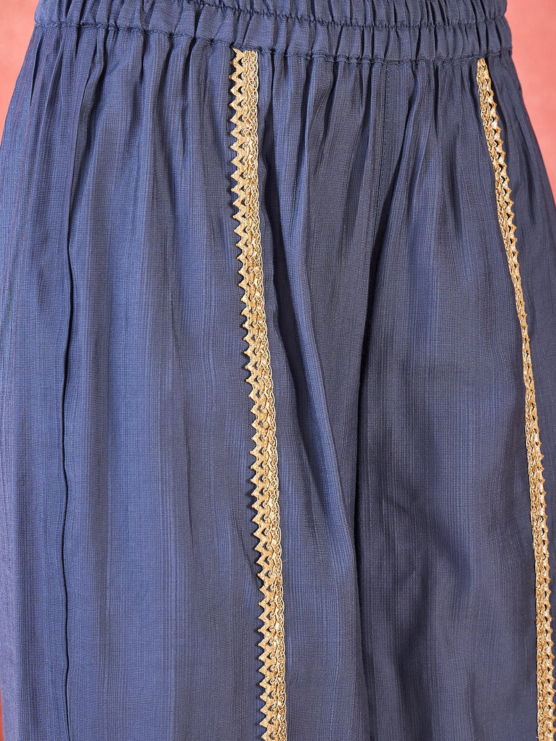 Embroidered Straight Kurta With Trouser & Bag