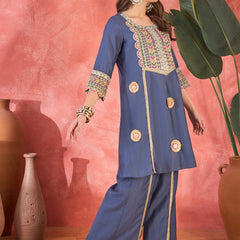 Embroidered Straight Kurta With Trouser & Bag