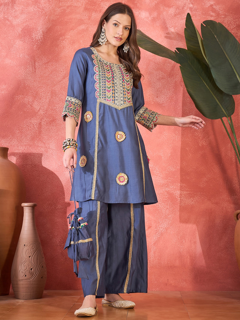 Embroidered Straight Kurta With Trouser & Bag