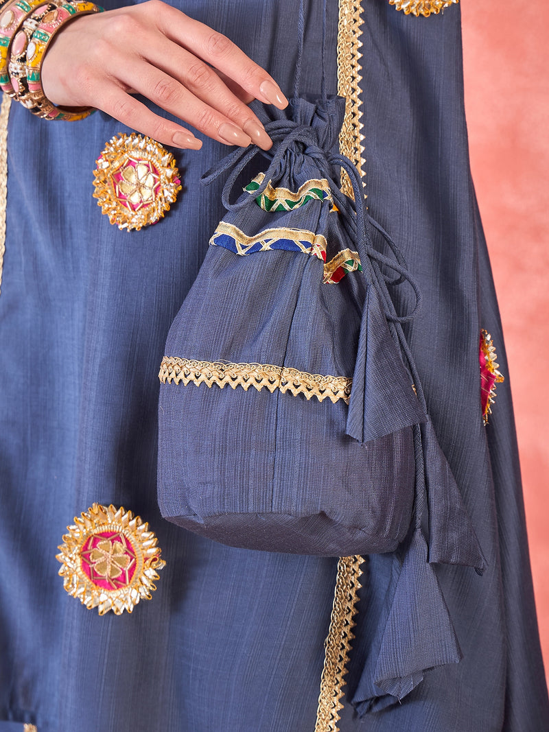 Embroidered Straight Kurta With Trouser & Bag