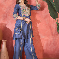 Embroidered Straight Kurta With Trouser & Bag