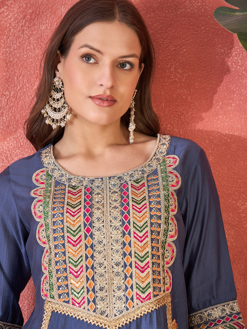 Embroidered Straight Kurta With Trouser & Bag