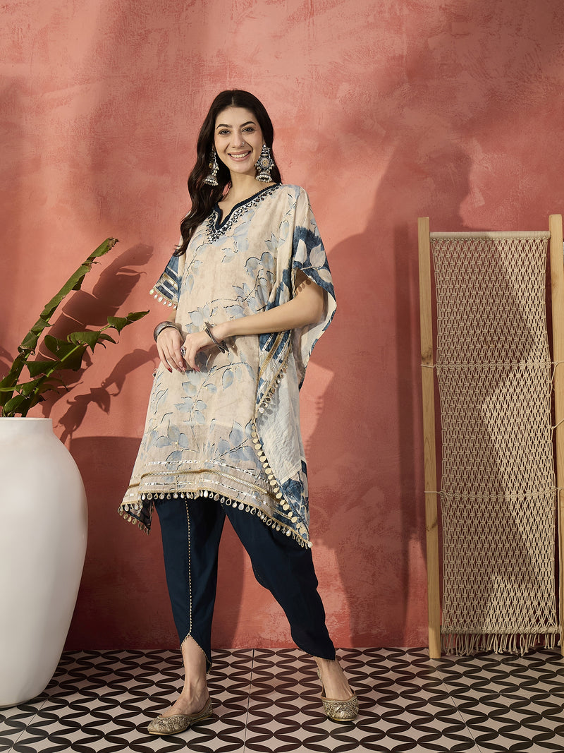 Floral Printed & Embroidered Kaftan With Trousers