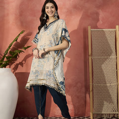 Floral Printed & Embroidered Kaftan With Trousers