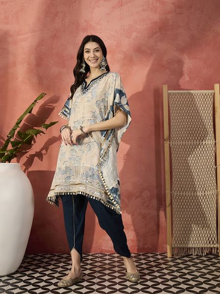 Floral Printed & Embroidered Kaftan With Trousers