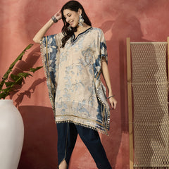 Floral Printed & Embroidered Kaftan With Trousers