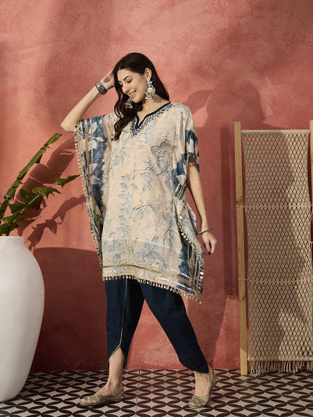 Floral Printed & Embroidered Kaftan With Trousers
