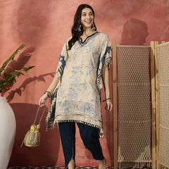 Floral Printed & Embroidered Kaftan With Trousers