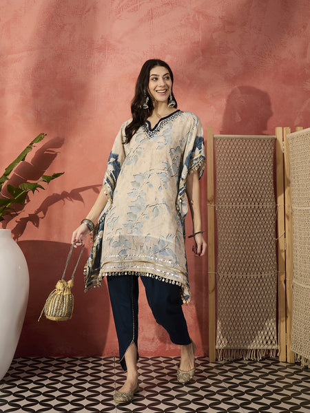 Floral Printed & Embroidered Kaftan With Trousers