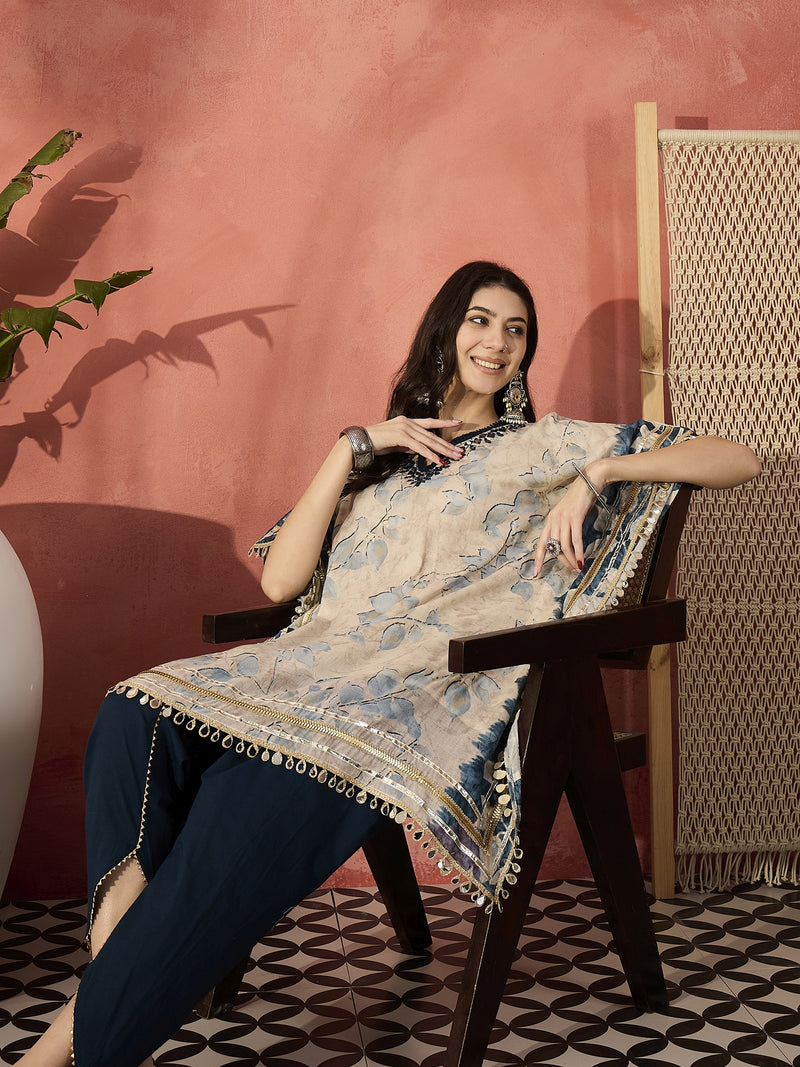 Floral Printed & Embroidered Kaftan With Trousers